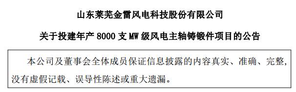 金雷風電：擬不超5.9億元 投建年產(chǎn)8000支MW級風電主軸鑄鍛件項目