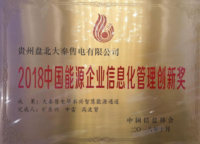 大秦售電畢水興智慧能源通道獲2018中國能源企業(yè)信息化管理創(chuàng)新獎