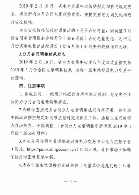  安徽2019年3月電力直接交易合同分月電量調(diào)整2月19日展開