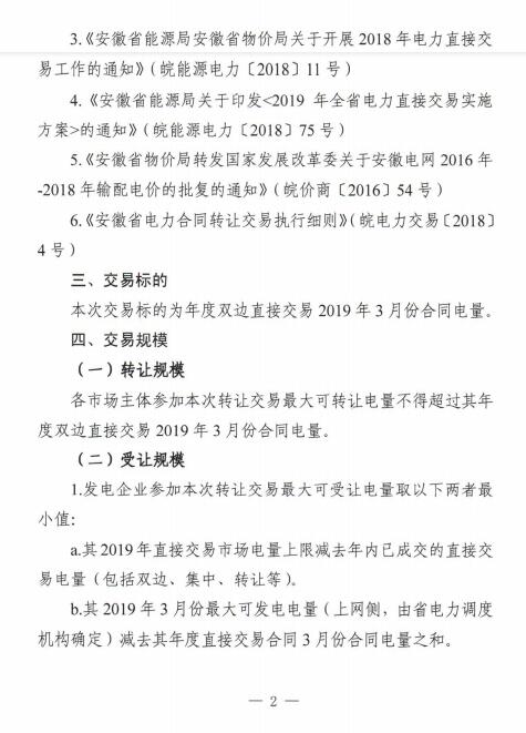  安徽2019年3月電力直接交易合同轉讓交易（附售電公司最大可受讓電量