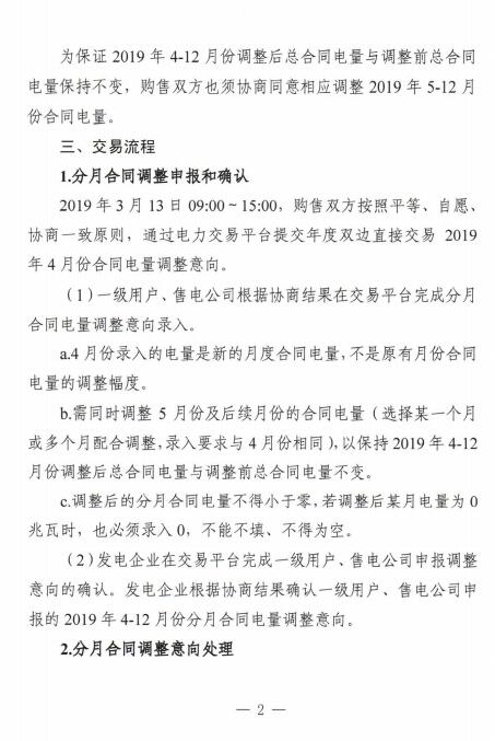 安徽2019年4月電力直接交易合同分月電量調(diào)整3月13日展開