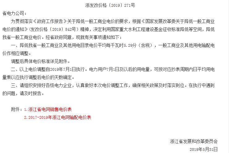 浙江第二次降電價！一般工商業(yè)電價及目錄電價平均降5.29分/千瓦時（含稅）